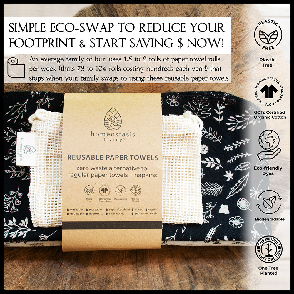 Reusable Paper Towels - 100% Organic Cotton, 12 or 24 Pack